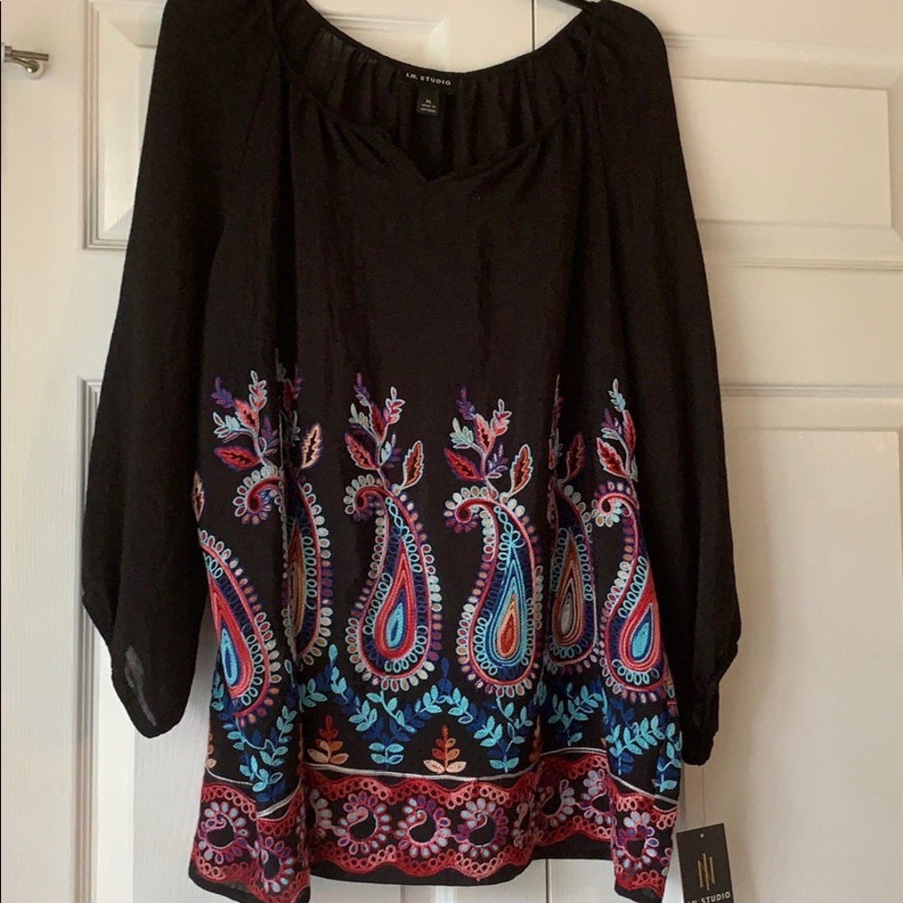 Flowy, embroidered, black top. 3/4 sleeve. NWT